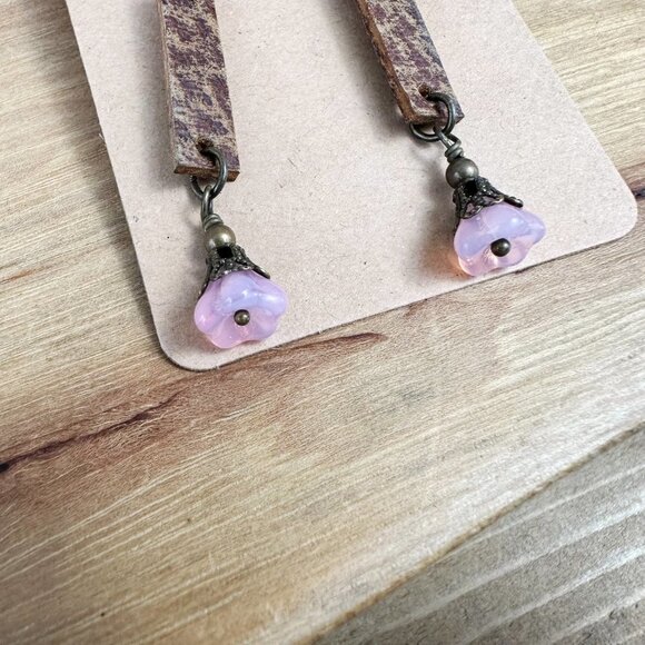 Leather and Flower Earrings Pink Czech Pressed Glass Beads - Picture 2 of 5